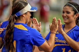 CSU-Bakersfield Outfielder Karissa Veiga (right) before a game at Las Cruces, N.M., April 12. The senior would go on to have the only Roadrunner multi-hit game in a 17-2 road loss at New Mexico State.