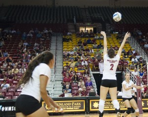 Number 2 dancing with the volleyball at the NMSU vs. GCU