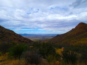 The view west looking over Las Cruces New Mexico from Baylor pass in the Organ mountains. Confederate Lieutenant Colonel John Robert Baylor, who, in the summer of 1861, led a Texas Mounted Volunteer regiment to victory over a numerically superior Union force outside of Las Cruces.
