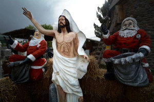Outside, Jesus has fun with a little help from his friends.