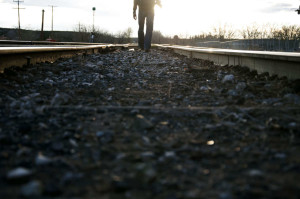 Nacho walking on the train tracks of Hatch