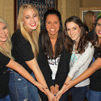 From left to right: Chi Omega members Amber Cota, Cailee Nelson, Andrea Letherer, Lauren Jones, and Meghan Ontiveros pose together at their philanthropy fundraiser Chi Omega Crepe Night, where they served crepes to the community to raise money for the Make-A-Wish Foundation Friday, November 6, 2015.