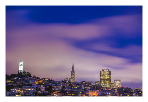 A night in San Francisco, the beautiful rolling hills covered in houses and the Transamerica Pyramid in the back are accentuated by the nighttime.